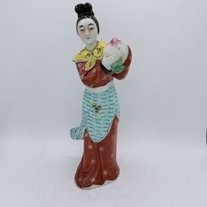 Antique Chinese Porcelain Figure Women Holding A Peach 12" Tall‎ Signed Stamped
